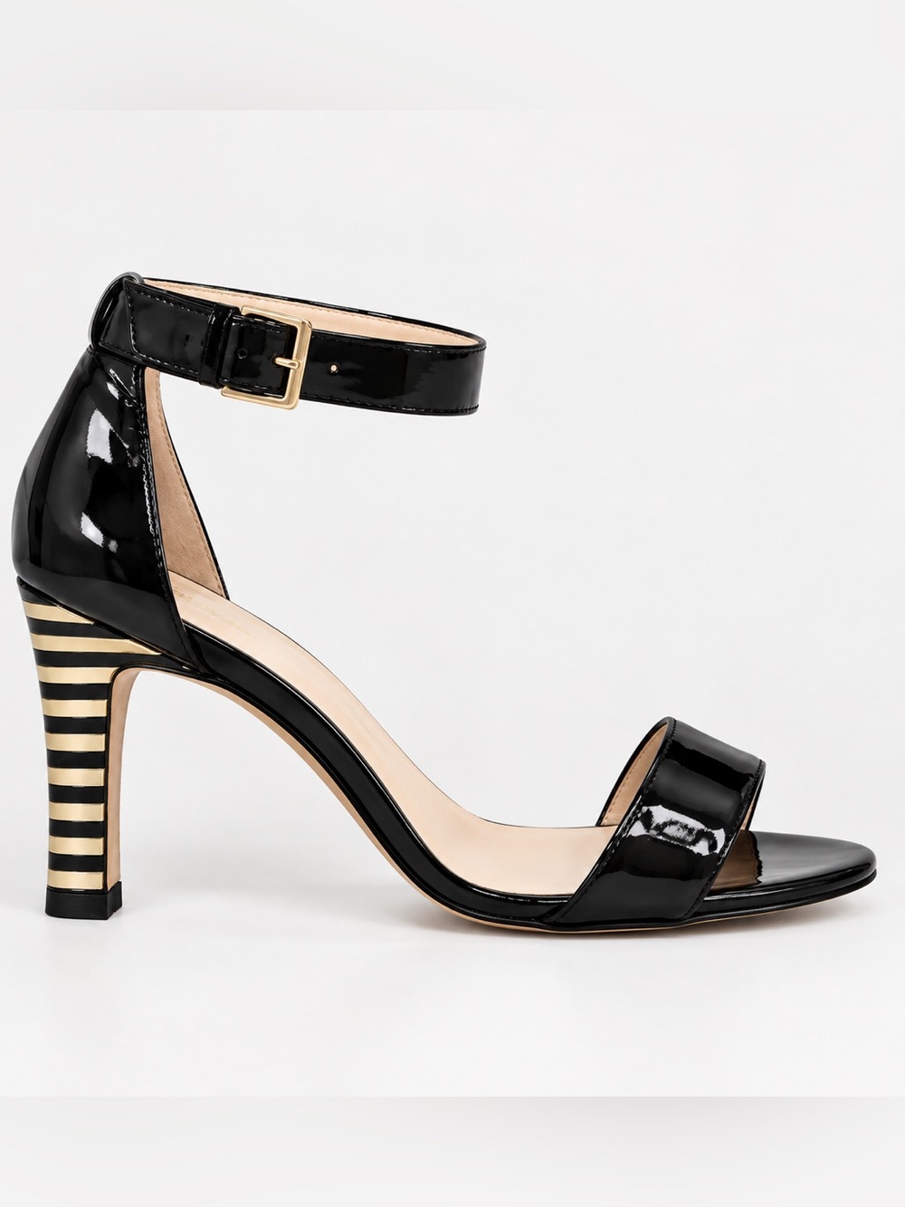 kate spade Black Patent Ankle-Strap Heels with Gold-Striped Block Heel